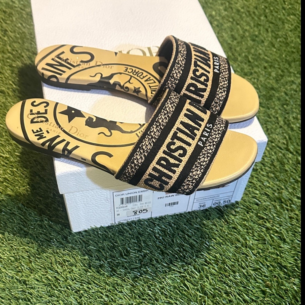 Christian Dior DWay Raw Beige Raffia Black and Gold Slide Sandals